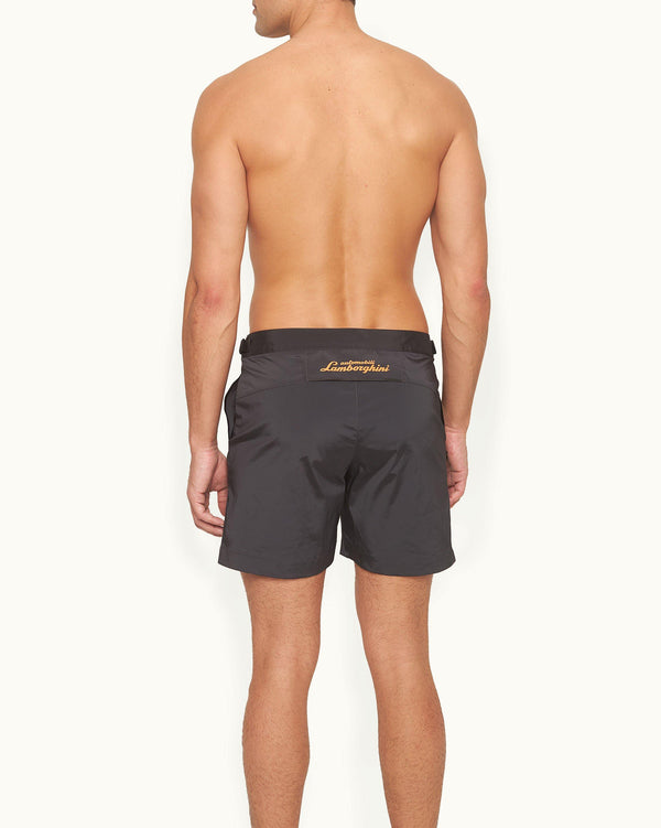 Orlebar Brown Orlebar Brown And Automobili Lamborghini | Black 'Automobili Lamborghini' Logo Bonded Tape Mid-Length Swim Shorts – ORLEBAR BROWN