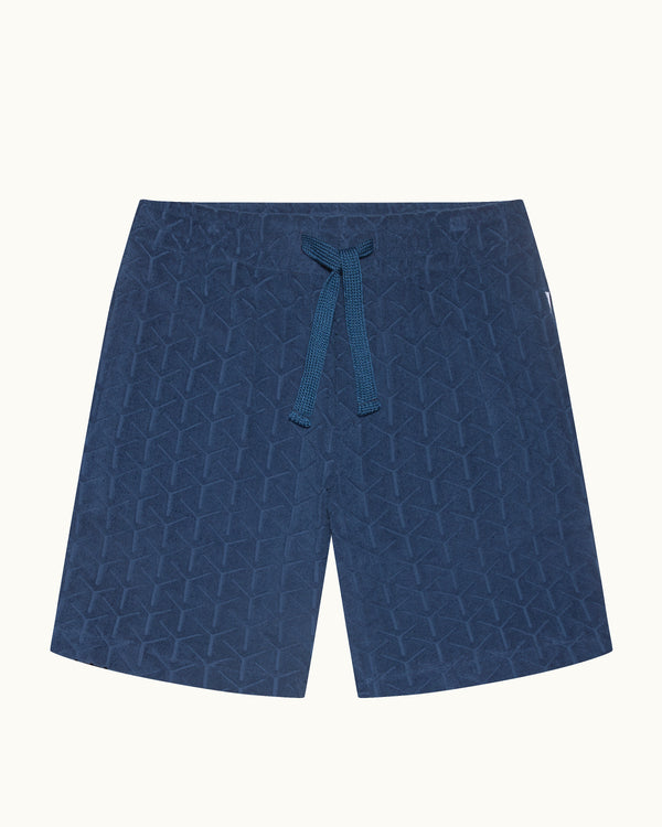 orlebar brown Orlebar Brown And Automobili Lamborghini | Blu Notte Geometric Jacquard Towelling Sweat Shorts – ORLEBAR BROWN