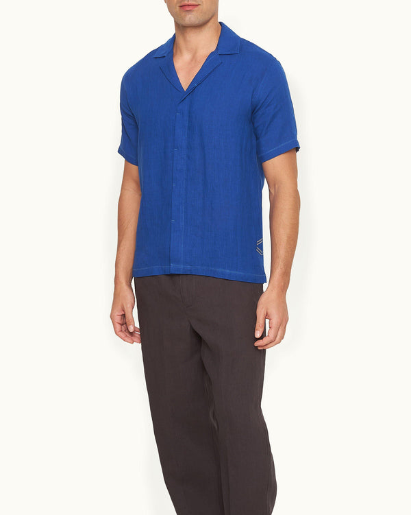 Orlebar Brown Orlebar Brown And Automobili Lamborghini | Blue Relaxed Fit Capri Collar Linen Shirt – ORLEBAR BROWN