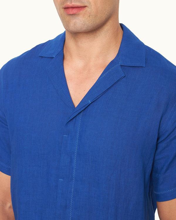 Orlebar Brown Orlebar Brown And Automobili Lamborghini | Blue Relaxed Fit Capri Collar Linen Shirt – ORLEBAR BROWN