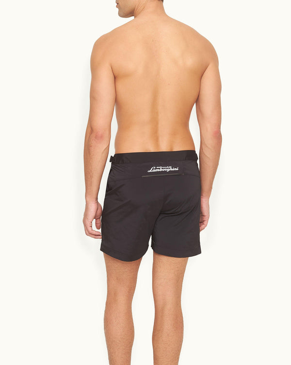 Orlebar Brown Orlebar Brown And Automobili Lamborghini | Dark Grey 'Automobili Lamborghini' Logo Bonded Tape Mid-Length Swim Shorts – ORLEBAR BROWN