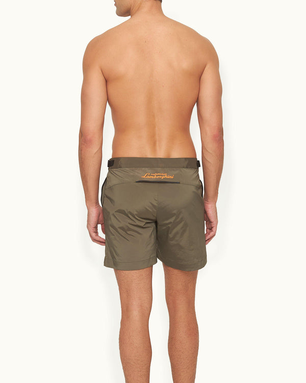 Orlebar Brown Orlebar Brown And Automobili Lamborghini | Green 'Automobili Lamborghini' Logo Bonded Tape Mid-Length Swim Shorts – ORLEBAR BROWN
