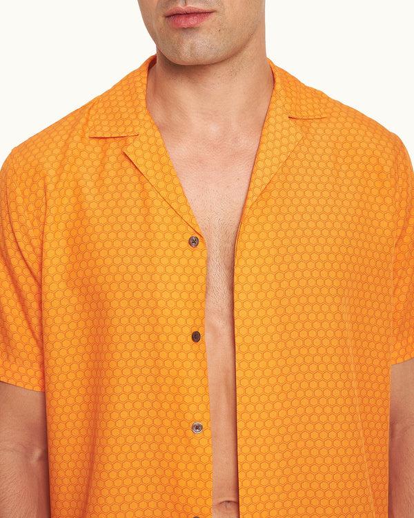 Orlebar Brown Orlebar Brown And Automobili Lamborghini | Orange Hexagon Print Relaxed Fit Capri Collar Shirt – ORLEBAR BROWN