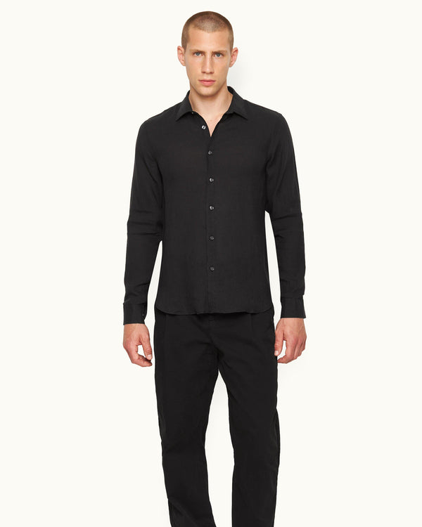 Orlebar Brown Orlebar Brown| Black Tailored Fit Classic Collar Linen Shirt – ORLEBAR BROWN