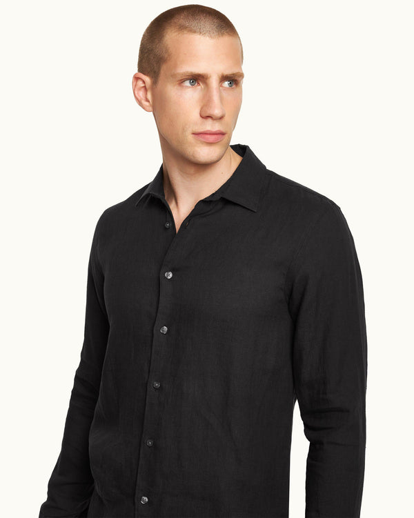Orlebar Brown Orlebar Brown| Black Tailored Fit Classic Collar Linen Shirt – ORLEBAR BROWN