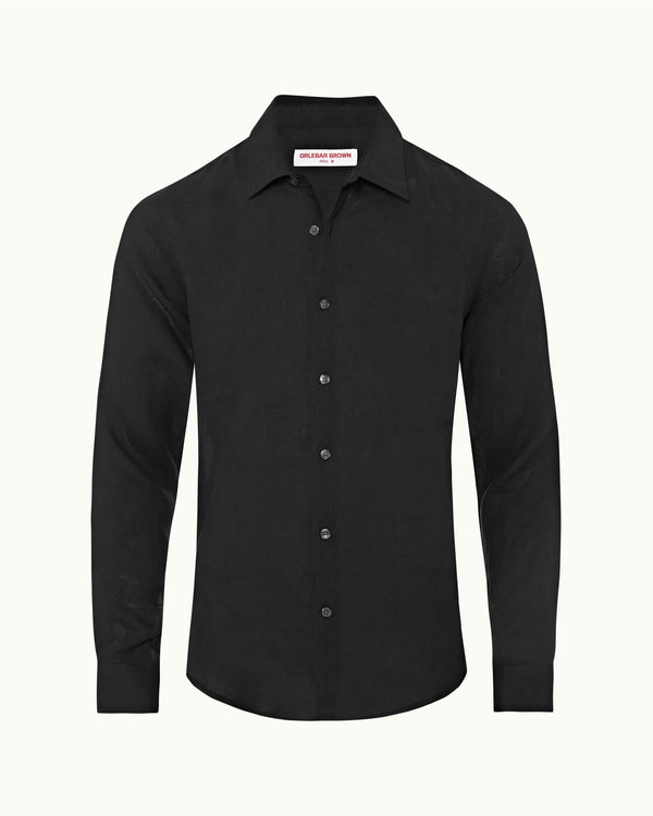 orlebar brown Orlebar Brown| Black Tailored Fit Classic Collar Linen Shirt – ORLEBAR BROWN