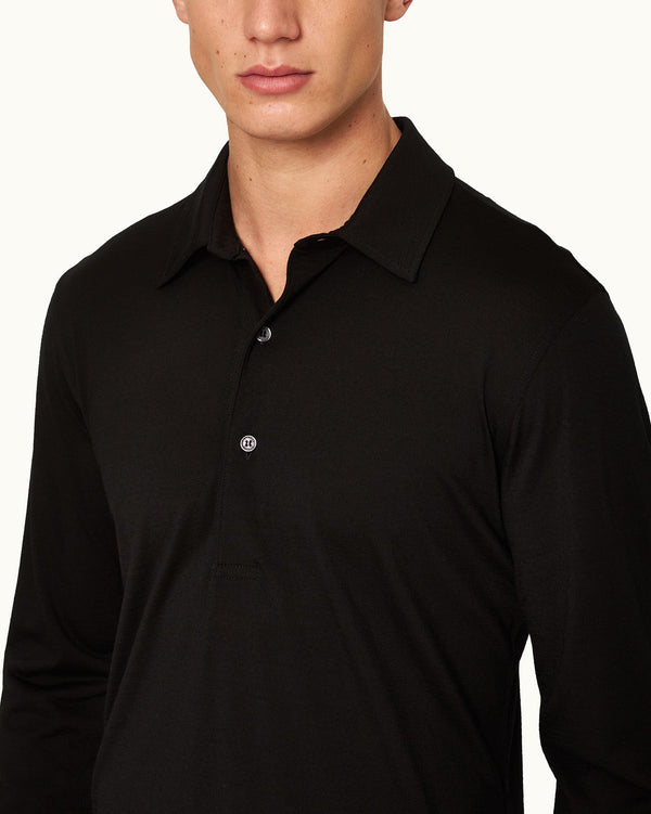 Orlebar Brown Orlebar Brown | Black Tailored Fit Long-Sleeve Merino Polo Shirt For Men – ORLEBAR BROWN
