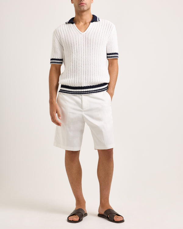 Orlebar Brown Orlebar Brown| Classic Fit Knitted Crochet Polo In White Sand And Night Iris – ORLEBAR BROWN