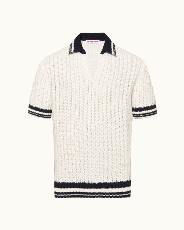 orlebar brown Orlebar Brown| Classic Fit Knitted Crochet Polo In White Sand And Night Iris – ORLEBAR BROWN