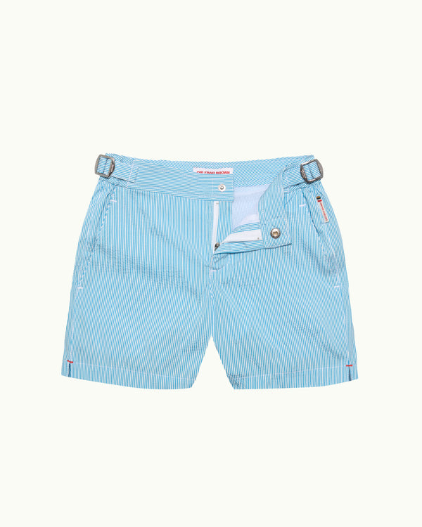 orlebar brown Orlebar Brown | Kids' Seersucker Swim Shorts in Aqua Blue/ White Stripe – ORLEBAR BROWN
