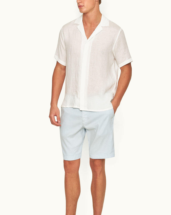 Orlebar Brown Orlebar Brown | Light Sky Pool Blue Men's Longer-Length Garment Dye Stretch Linen Shorts – ORLEBAR BROWN