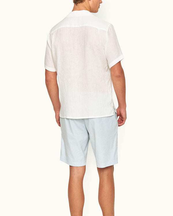 Orlebar Brown Orlebar Brown | Light Sky Pool Blue Men's Longer-Length Garment Dye Stretch Linen Shorts – ORLEBAR BROWN