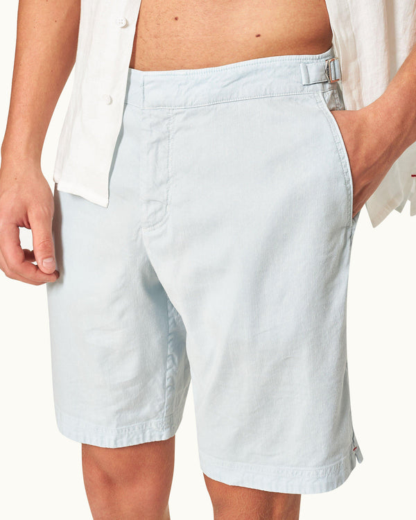 Orlebar Brown Orlebar Brown | Light Sky Pool Blue Men's Longer-Length Garment Dye Stretch Linen Shorts – ORLEBAR BROWN