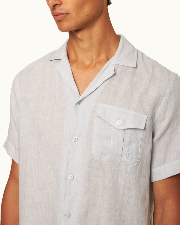 Orlebar Brown Orlebar Brown | Men's Capri Collar Scaramanga Emblem Linen Shirt In Blue | 007 Gold Collection – ORLEBAR BROWN