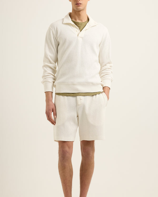 Orlebar Brown Orlebar Brown | Men's Classic Fit Capri Collar 3-Button Seersucker Jumper In White Sand – ORLEBAR BROWN