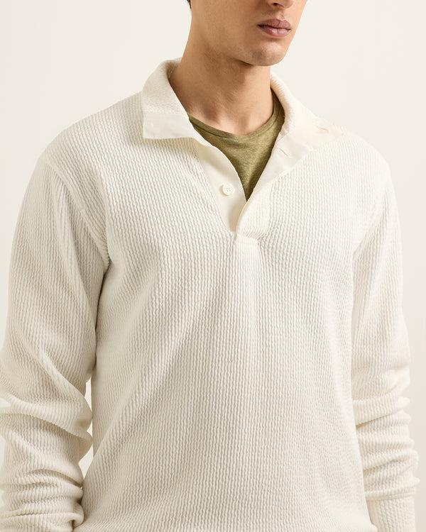 Orlebar Brown Orlebar Brown | Men's Classic Fit Capri Collar 3-Button Seersucker Jumper In White Sand – ORLEBAR BROWN