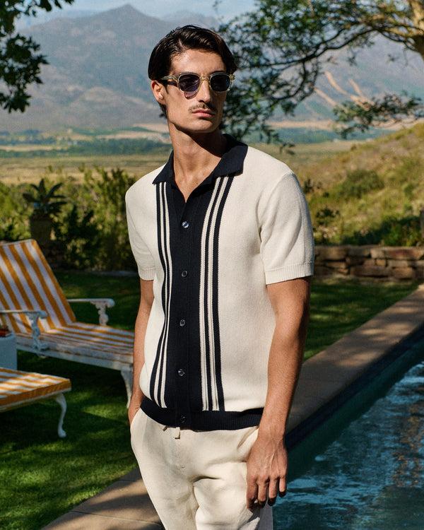 Orlebar Brown Orlebar Brown | Men's Classic Fit Capri Collar Pique Knit Shirt In White Sand And Night Iris – ORLEBAR BROWN