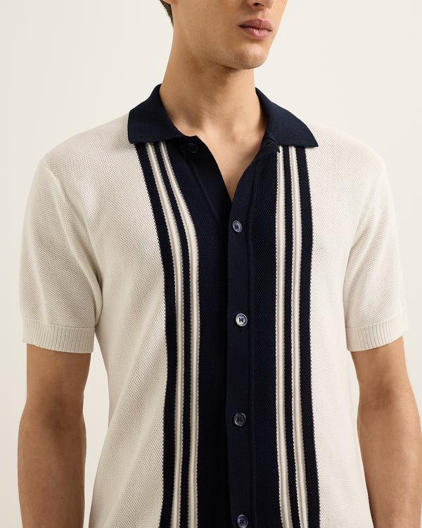 Orlebar Brown Orlebar Brown | Men's Classic Fit Capri Collar Pique Knit Shirt In White Sand And Night Iris – ORLEBAR BROWN