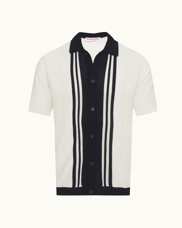 orlebar brown Orlebar Brown | Men's Classic Fit Capri Collar Pique Knit Shirt in White Sand And Night Iris – ORLEBAR BROWN