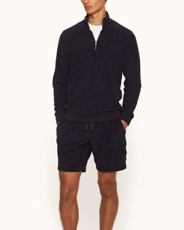 Orlebar Brown Orlebar Brown | Men's Classic Fit Half-Zip Funnel Neck Towelling Pique Sweatshirt In Dark Navy – ORLEBAR BROWN