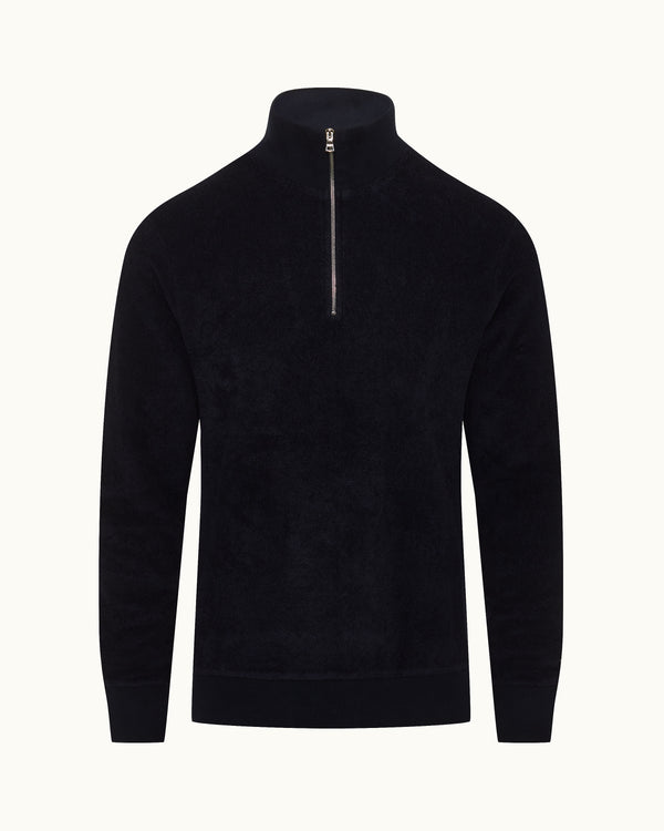 orlebar brown Orlebar Brown | Men's Classic Fit Half-Zip Funnel Neck Towelling Pique Sweatshirt in Dark Navy – ORLEBAR BROWN