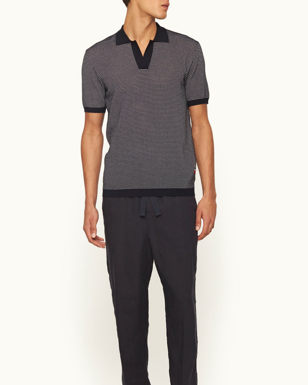 Orlebar Brown Orlebar Brown | Men's Classic Fit Open Mesh Waffle Stitch Polo Shirt In Night Iris Blue/White – ORLEBAR BROWN