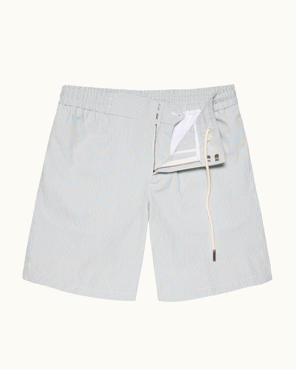 orlebar brown Orlebar Brown | Men's easy Tailored Fit Seersucker Drawcord Shorts In Wave Blue/White Sand Stripe – ORLEBAR BROWN