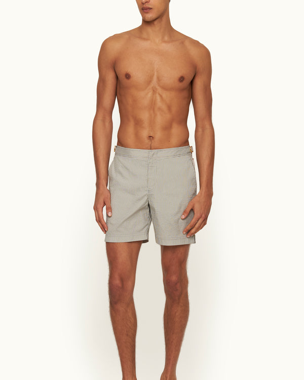 Orlebar Brown Orlebar Brown | Men's Mid-Length Classic Textured Stripe Swim Shorts In Khaki Green – ORLEBAR BROWN