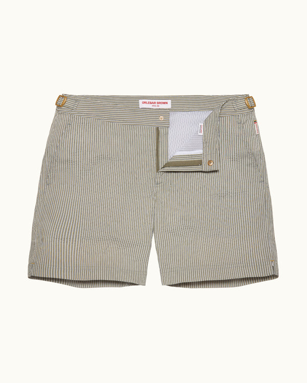 orlebar brown Orlebar Brown | Men's Mid-Length Classic Textured Stripe Swim Shorts in Khaki Green – ORLEBAR BROWN