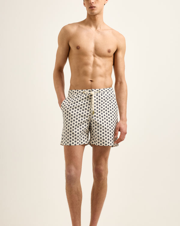Orlebar Brown Orlebar Brown | Men's Mid-Length Lumina Print Drawcord Swim Shorts In Latte/Night Iris – ORLEBAR BROWN