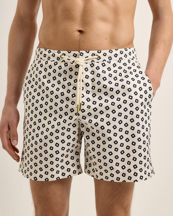 Orlebar Brown Orlebar Brown | Men's Mid-Length Lumina Print Drawcord Swim Shorts In Latte/Night Iris – ORLEBAR BROWN