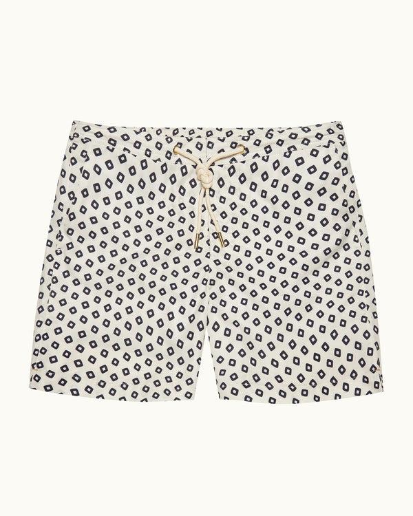 orlebar brown Orlebar Brown | Men's Mid-Length Lumina Print Drawcord Swim Shorts in Latte/Night Iris – ORLEBAR BROWN
