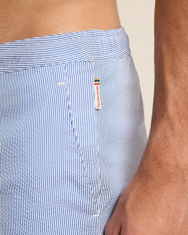 Orlebar Brown Orlebar Brown | Men's Mid-Length Seersucker Stripe Drawcord Swim Shorts In Catalina Blue/White Stripe – ORLEBAR BROWN
