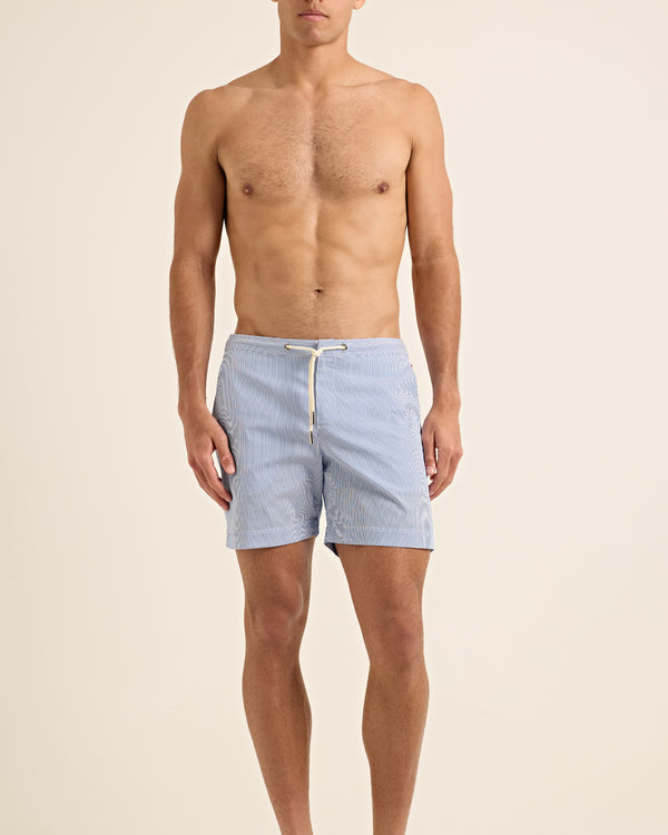 Orlebar Brown Orlebar Brown | Men's Mid-Length Seersucker Stripe Drawcord Swim Shorts In Catalina Blue/White Stripe – ORLEBAR BROWN