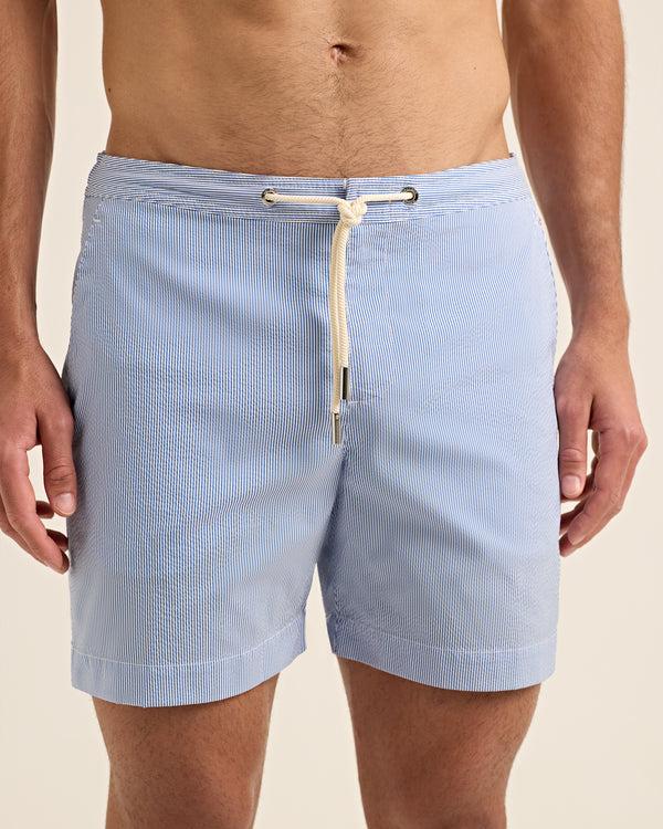Orlebar Brown Orlebar Brown | Men's Mid-Length Seersucker Stripe Drawcord Swim Shorts In Catalina Blue/White Stripe – ORLEBAR BROWN