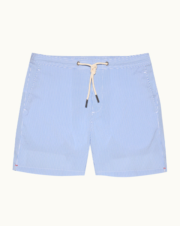 orlebar brown Orlebar Brown | Men's Mid-Length Seersucker Stripe Drawcord Swim Shorts in Catalina Blue/White Stripe – ORLEBAR BROWN