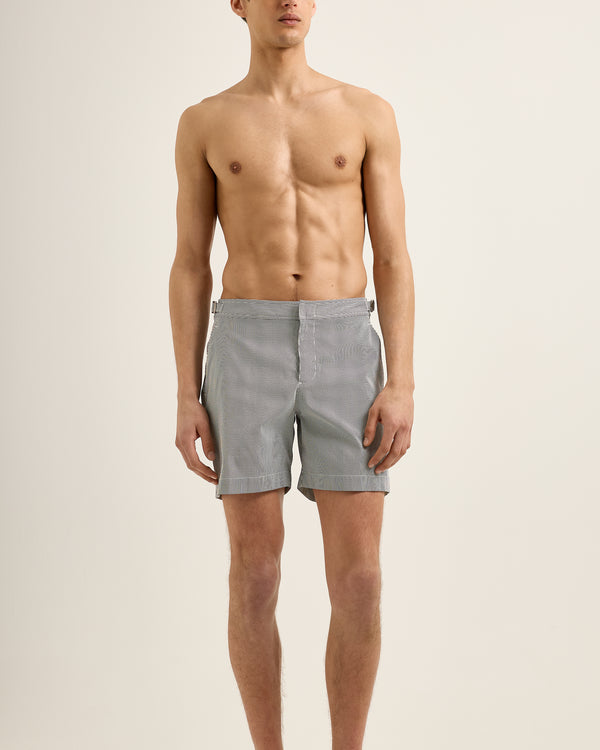 Orlebar Brown Orlebar Brown | Men's Mid-Length Seersucker Stripe Swim Shorts In Charcoal/White Stripe – ORLEBAR BROWN