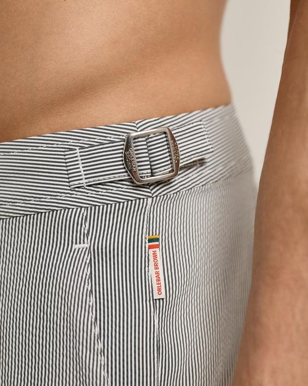 Orlebar Brown Orlebar Brown | Men's Mid-Length Seersucker Stripe Swim Shorts In Charcoal/White Stripe – ORLEBAR BROWN