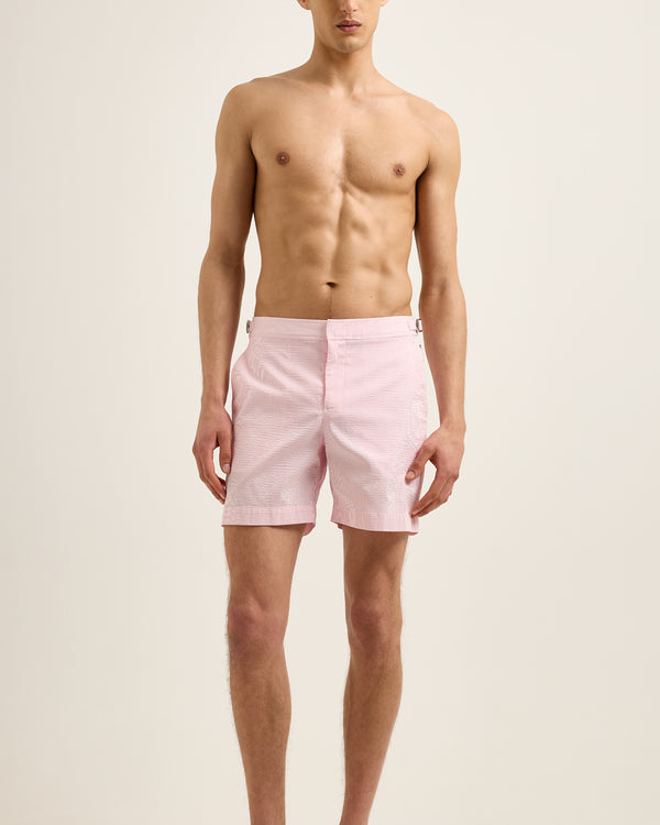 Orlebar Brown Orlebar Brown | Men's Mid-Length Seersucker Stripe Swim Shorts In Rodeo Pink/White Stripe – ORLEBAR BROWN