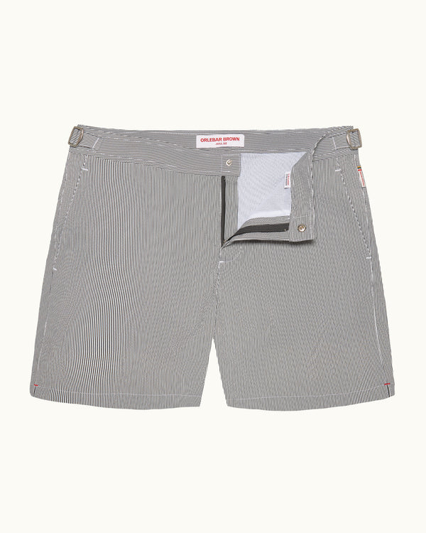orlebar brown Orlebar Brown | Men's Mid-Length Seersucker Stripe Swim Shorts in Charcoal/White Stripe – ORLEBAR BROWN
