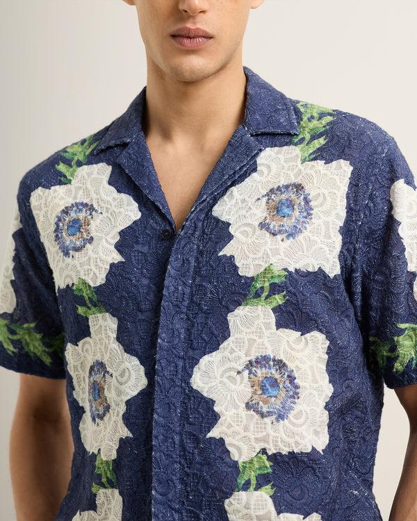 Orlebar Brown Orlebar Brown | Men's Relaxed Fit Capri Collar Broderie Anglaise Shirt In Night Iris – ORLEBAR BROWN