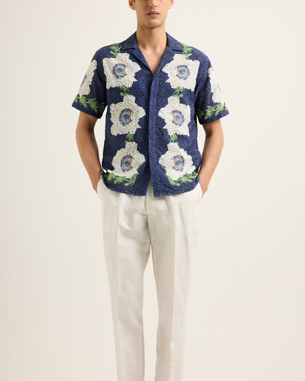 Orlebar Brown Orlebar Brown | Men's Relaxed Fit Capri Collar Broderie Anglaise Shirt In Night Iris – ORLEBAR BROWN