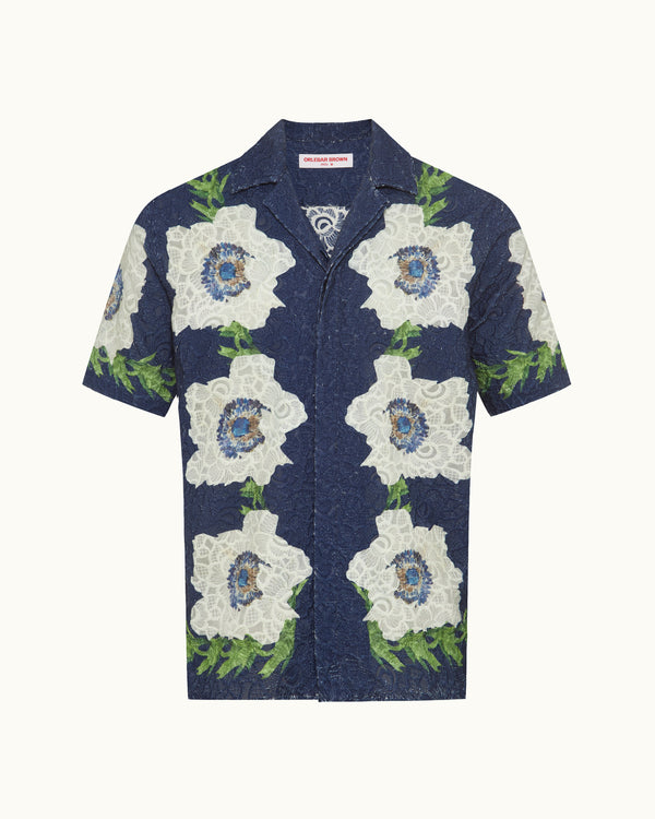 orlebar brown Orlebar Brown | Men's Relaxed Fit Capri Collar Broderie Anglaise Shirt in Night Iris – ORLEBAR BROWN