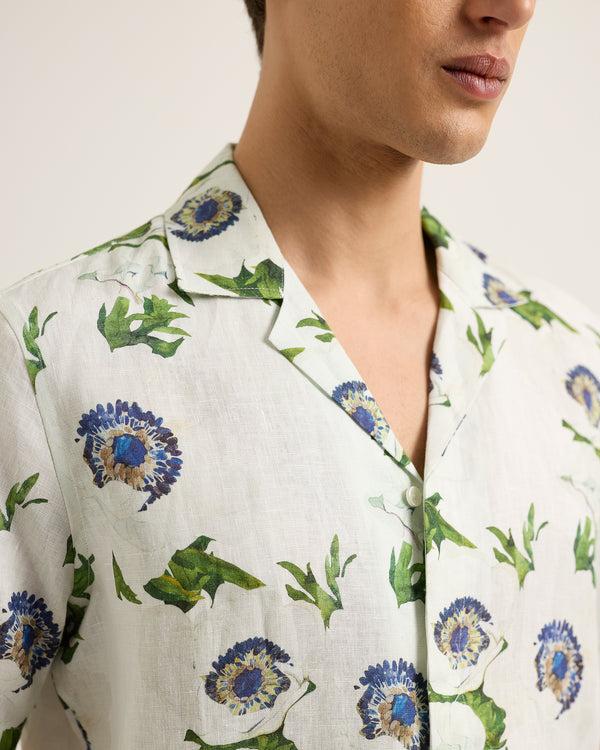 Orlebar Brown Orlebar Brown | Men's Relaxed Fit Capri Collar Coronaria Print Shirt In White Sand – ORLEBAR BROWN