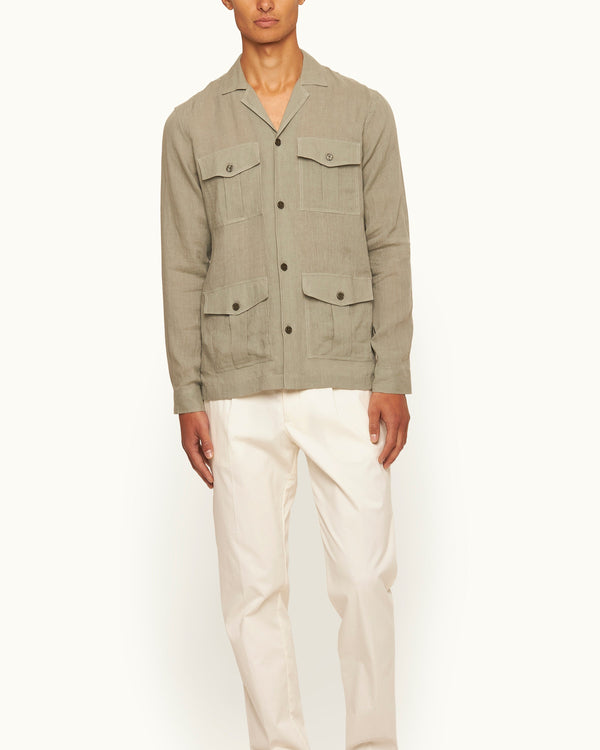 Orlebar Brown Orlebar Brown | Men's Relaxed Fit Capri Collar Linen Safari Shirt In Green | 007 Gold Collection – ORLEBAR BROWN