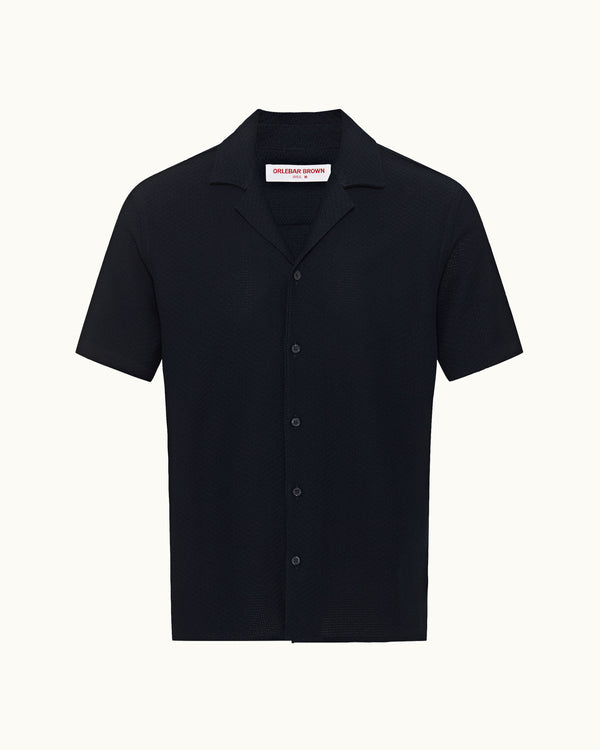 orlebar brown Orlebar Brown | Men's Relaxed Fit Capri Collar Open Weave Italian Cotton Shirt in Dark Navy – ORLEBAR BROWN