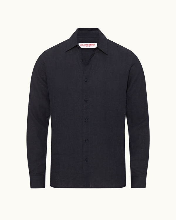 orlebar brown Orlebar Brown | Men's Relaxed Fit Classic Collar Laundered Linen Shirt in Dark Navy – ORLEBAR BROWN