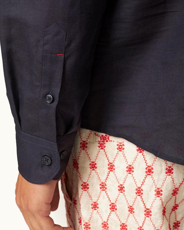 Orlebar Brown Orlebar Brown | Men's Relaxed Fit Cutaway Collar Overhead Cotton-Linen Shirt In Night Iris – ORLEBAR BROWN