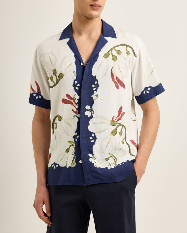 Orlebar Brown Orlebar Brown | Men's Relaxed Fit Linen Capri Collar Orchis Print Shirt In Night Iris – ORLEBAR BROWN