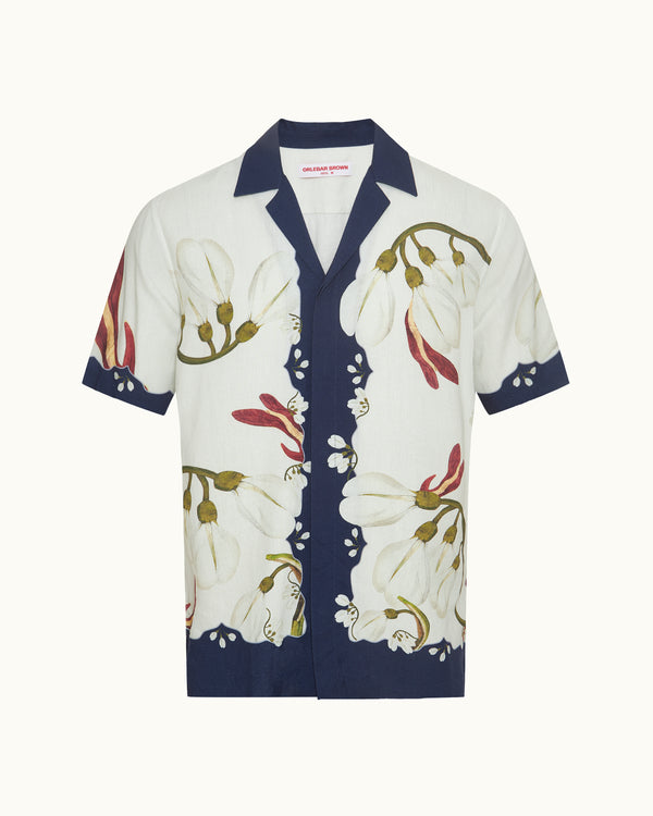 orlebar brown Orlebar Brown | Men's Relaxed Fit Linen Capri Collar Orchis Print Shirt in Night Iris – ORLEBAR BROWN